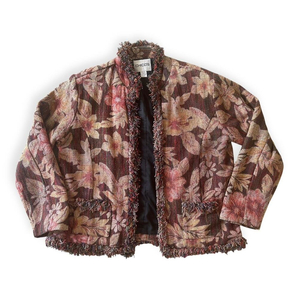 Vintage Y2K Chico's Silk Tapestry Jacket Floral Earth Tones Size 2 Boho Hippy